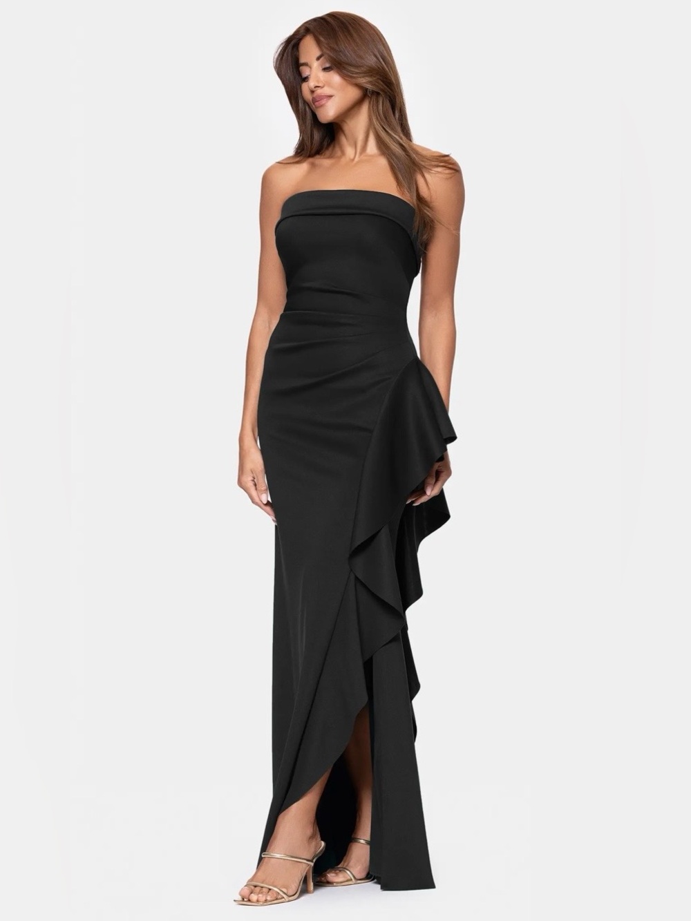 Ruffle Strapless Scuba Crepe Gown